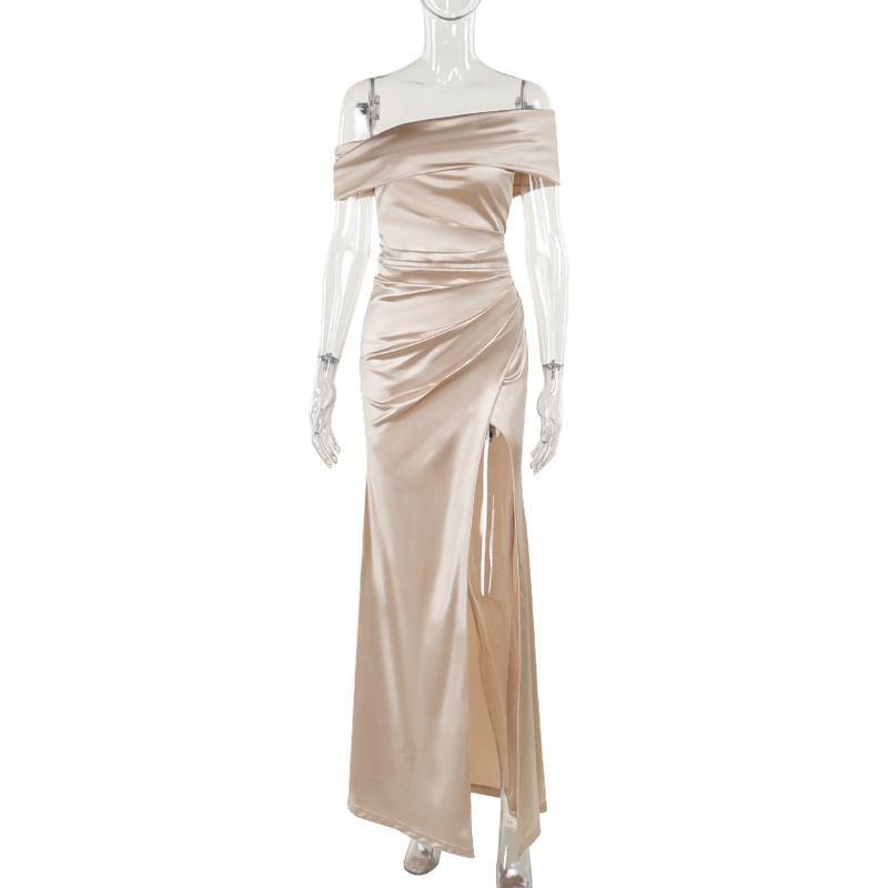 Off Shoulder Satin Maxi Mermaid Dress Product Image