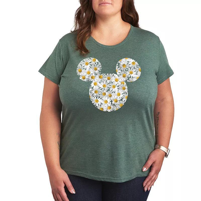 Disneys Mickey Mouse Plus Daisies Graphic Tee, Womens Grey Green Product Image