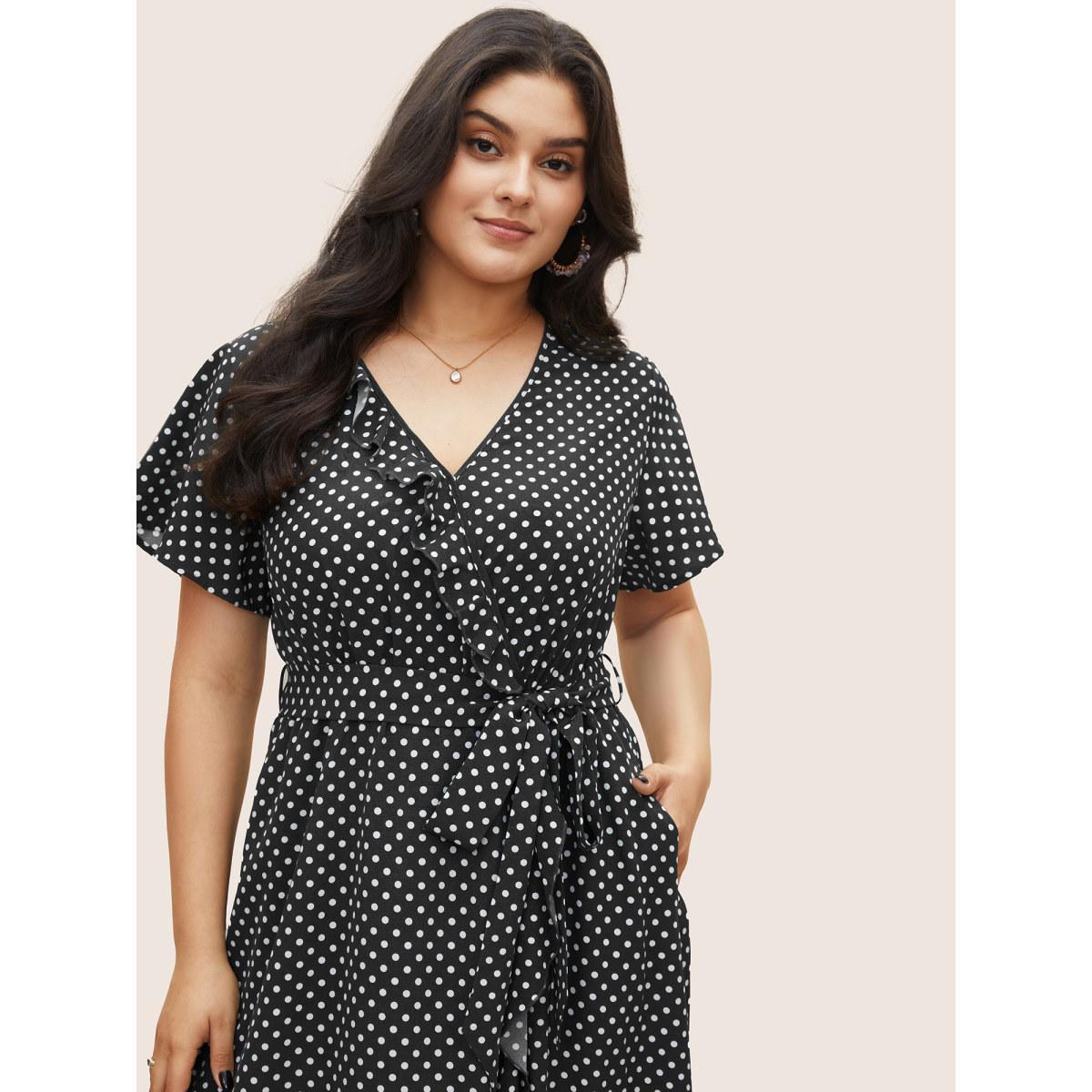 Plus Size Polka Dot Flutter Trim Belted Overlap Collar Dress Black Women Elegant Non Overlap Collar Short sleeve Curvy Midi Dress BloomChic 10/M Product Image
