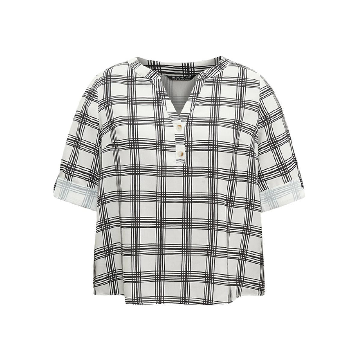 Plus Size Black Plaid Tab Sleeve Button Up Notched Blouse Women Office Long Sleeve Notched collar Work Blouses BloomChic 10/M Product Image
