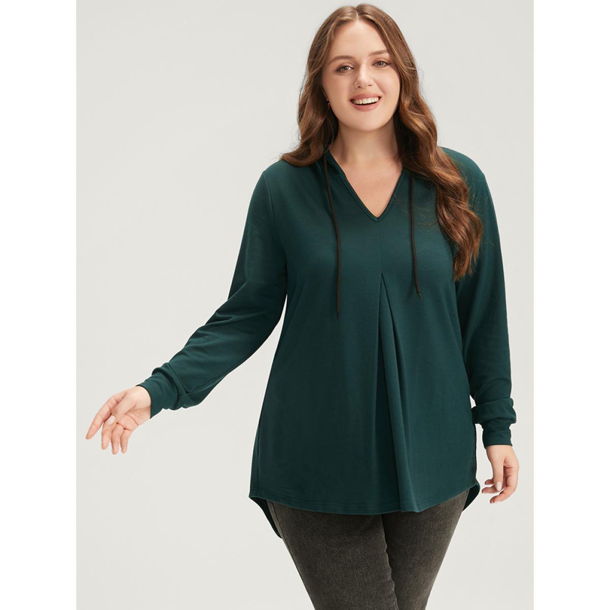 Plus Size Solid V Neck Arc Hem Drawstring Hooded Sweatshirt Women DarkGreen Casual Plain Hooded Dailywear Sweatshirts BloomChic 26/4X Product Image