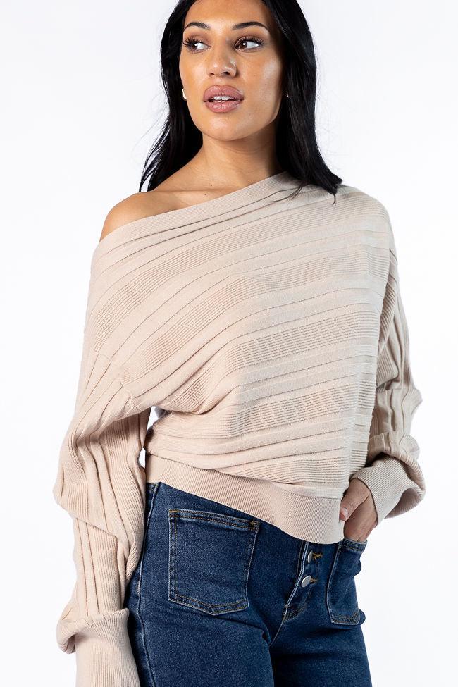 Feels Right Beige Off The Shoulder Ribbed Sweater SALE Product Image