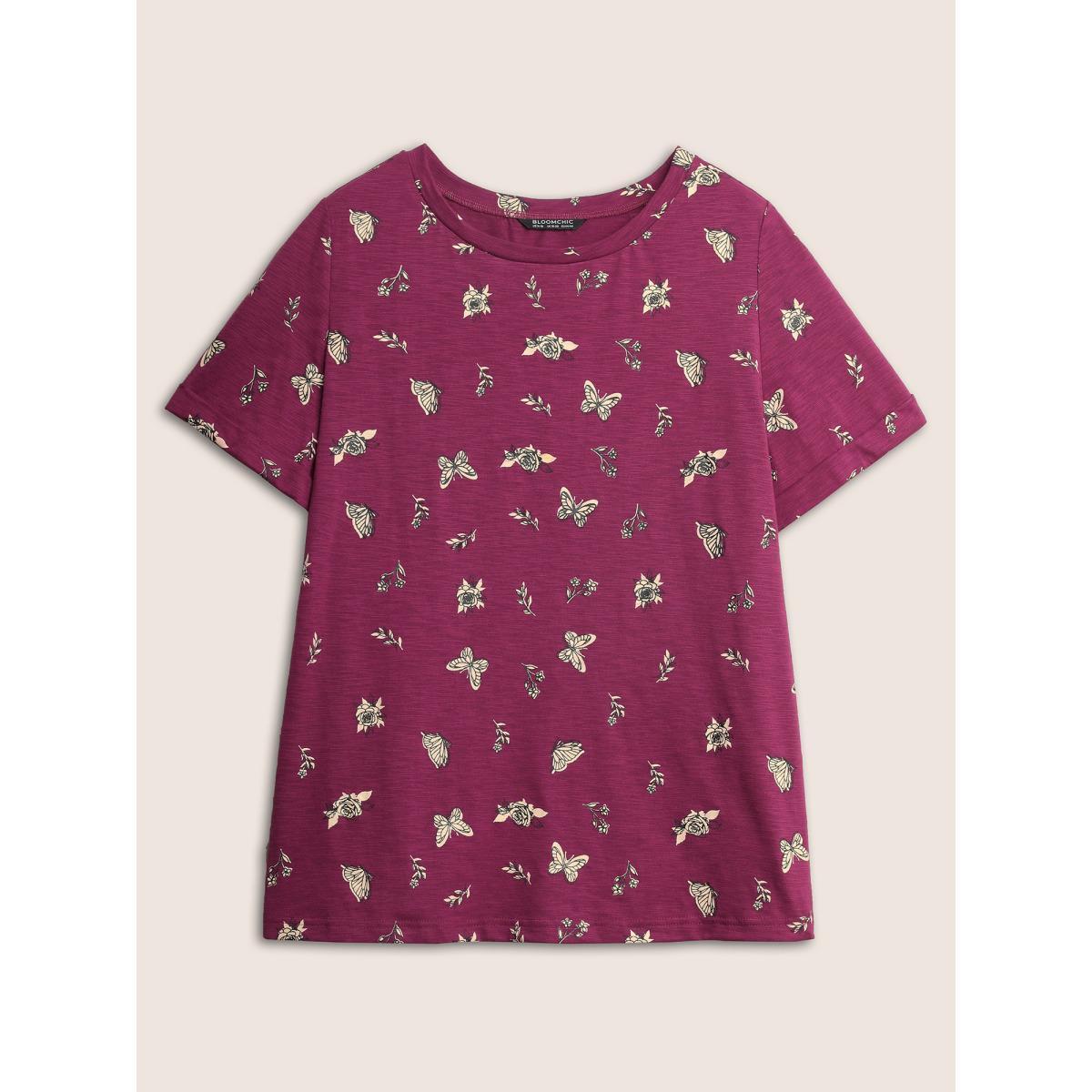 Plus Size Butterfly Print Cuffed Sleeve T-shirt Purple Women Resort Non Animal Round Neck Vacation T-shirts BloomChic 10/M Product Image