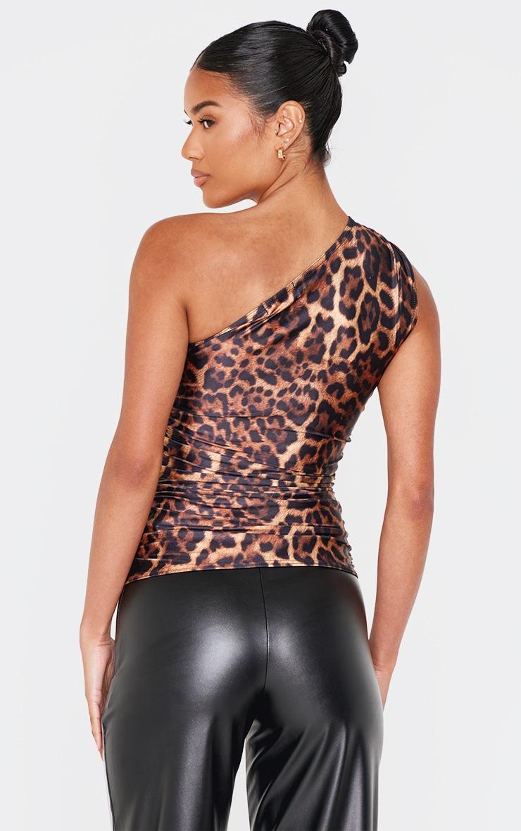 Brown Leopard Print Stretch Slinky Ruched Side Long Top Product Image