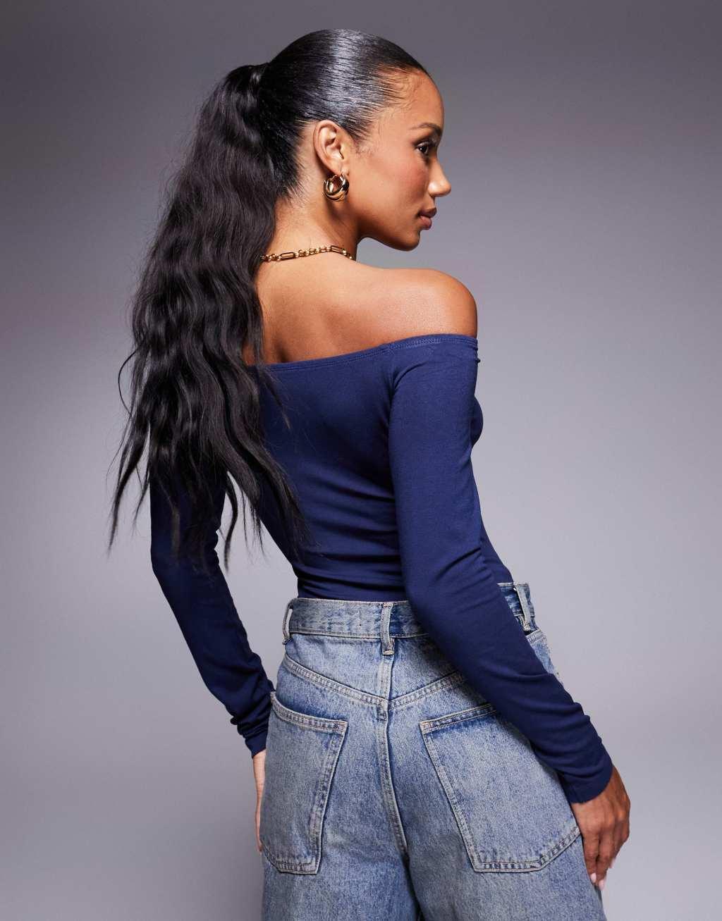 ASOS DESIGN ruched front bardot bodysuit in navy Product Image