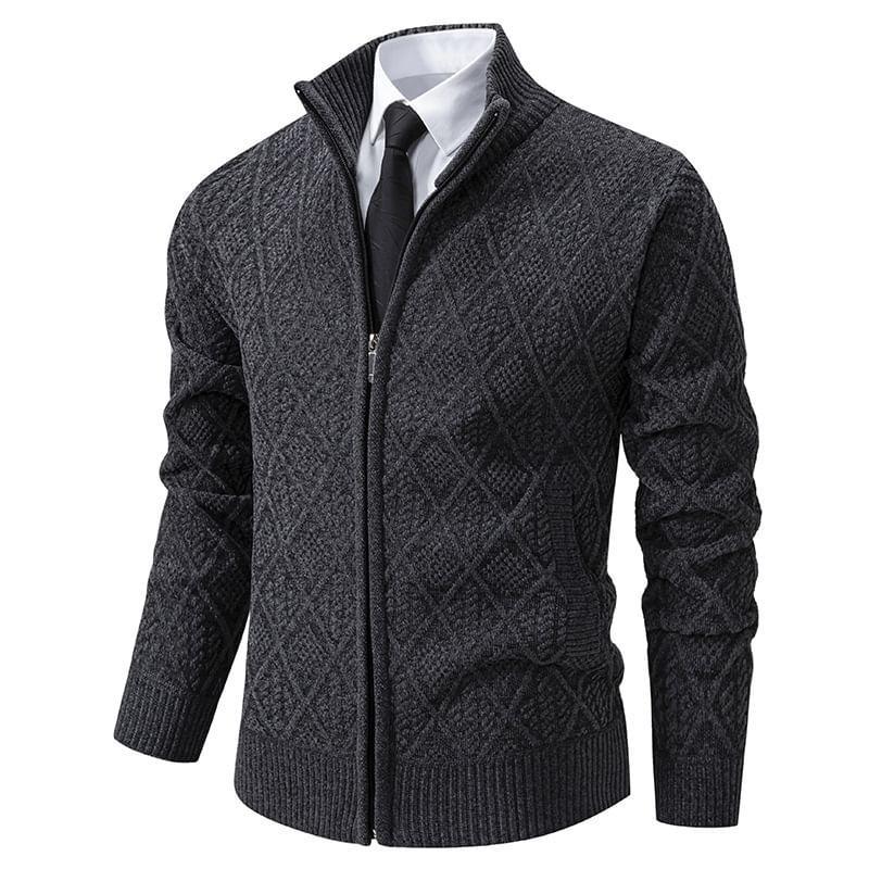 High Neck Jacquard Zip-Up Cardigan Product Image