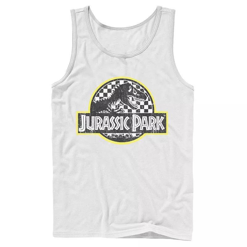 Men's Jurassic Park Checkered Classic Logo Tank Top, Size: Large, White Product Image