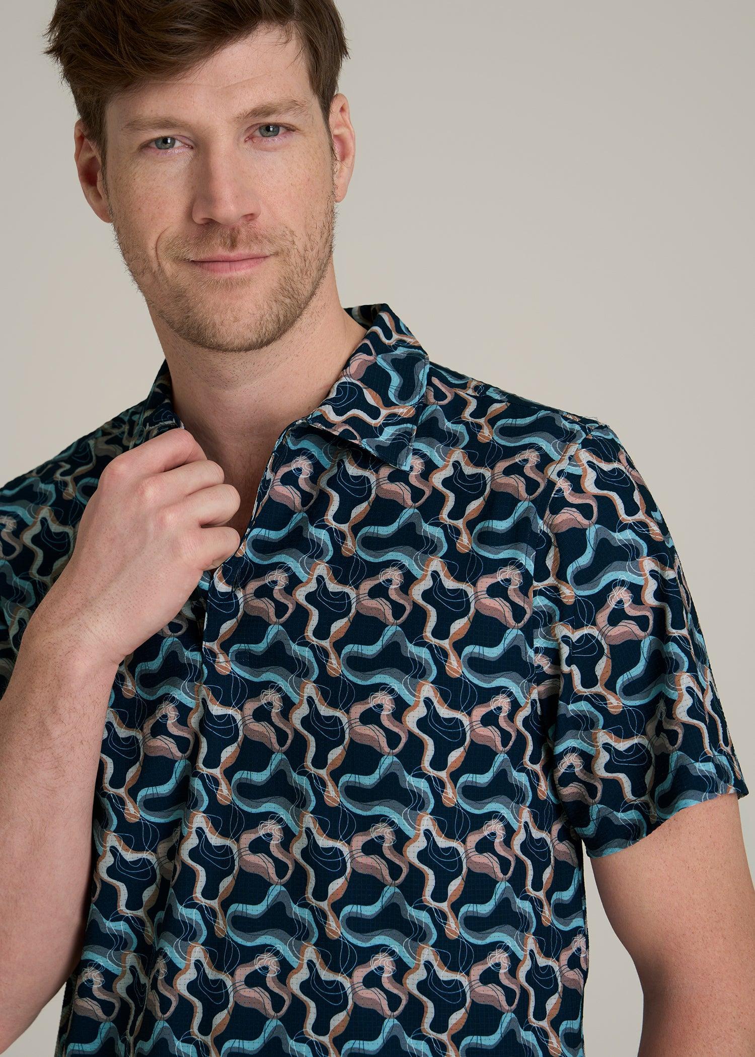 Coastal Perforated Tall Men's Polo Shirt in Blue and Rose Abstract Product Image