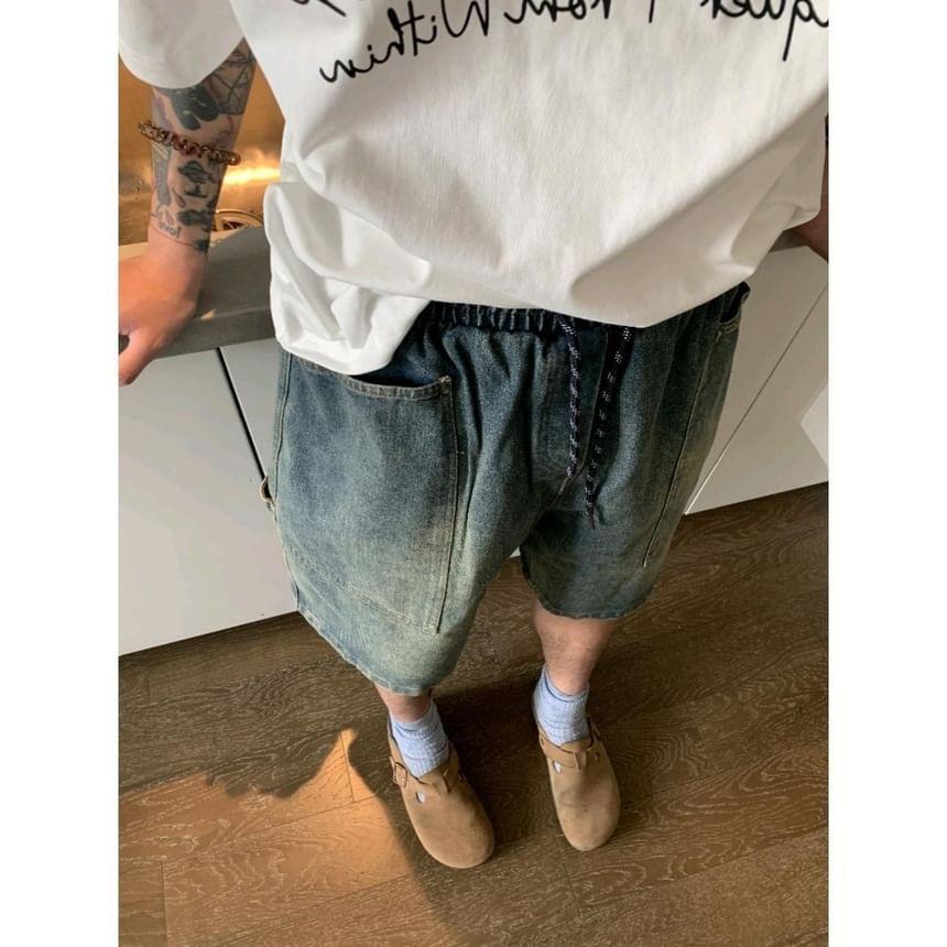 Drawstring Waist Washed Wide Leg Jorts Product Image