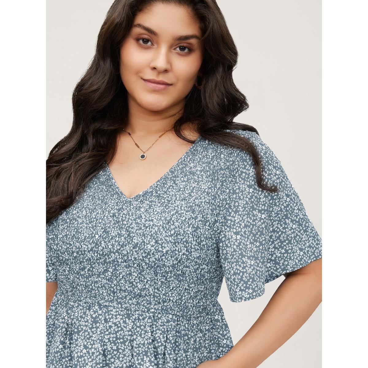 Plus Size LightBlue Ditsy Floral Shirred Ruffle Sleeve Elastic Waist Blouse Women Elegant Short sleeve V-neck Everyday Blouses BloomChic 14-16/1X Product Image