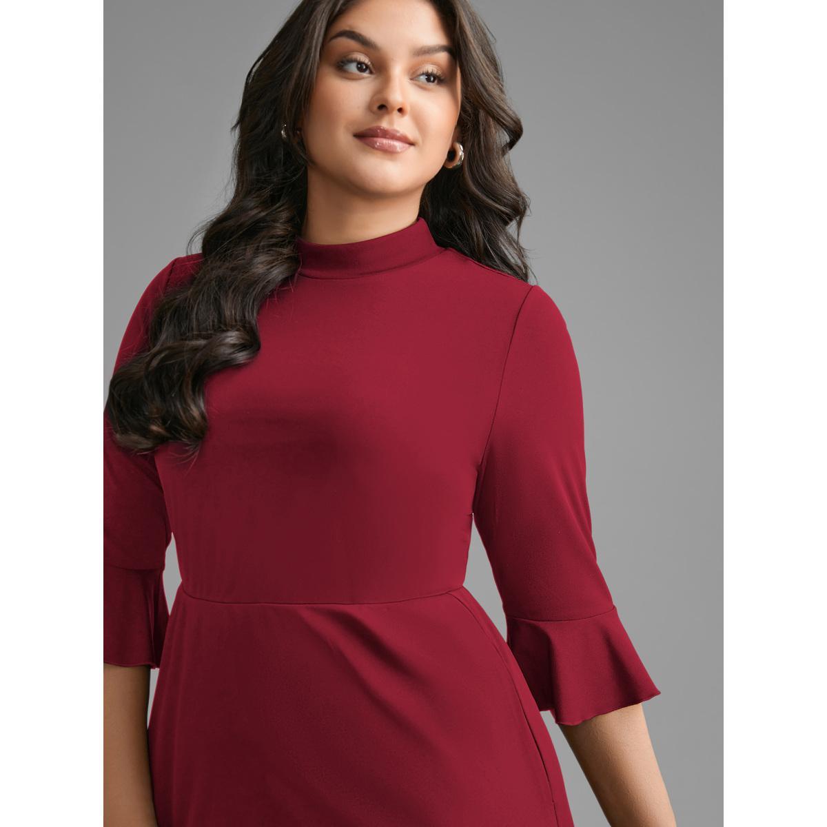 Plus Size Mock Neck Flutter Sleeve Knit Dress Scarlet Women At the Office Ruffles Knit Dresses Bloomchic 12/L Product Image