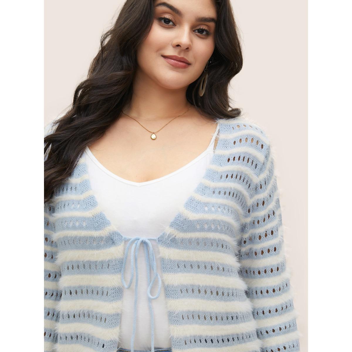 Plus Size Striped Contrast Ties Front Eyelet Cardigan LightBlue Women Casual Long Sleeve Everyday Cardigans BloomChic 22-24/3X Product Image