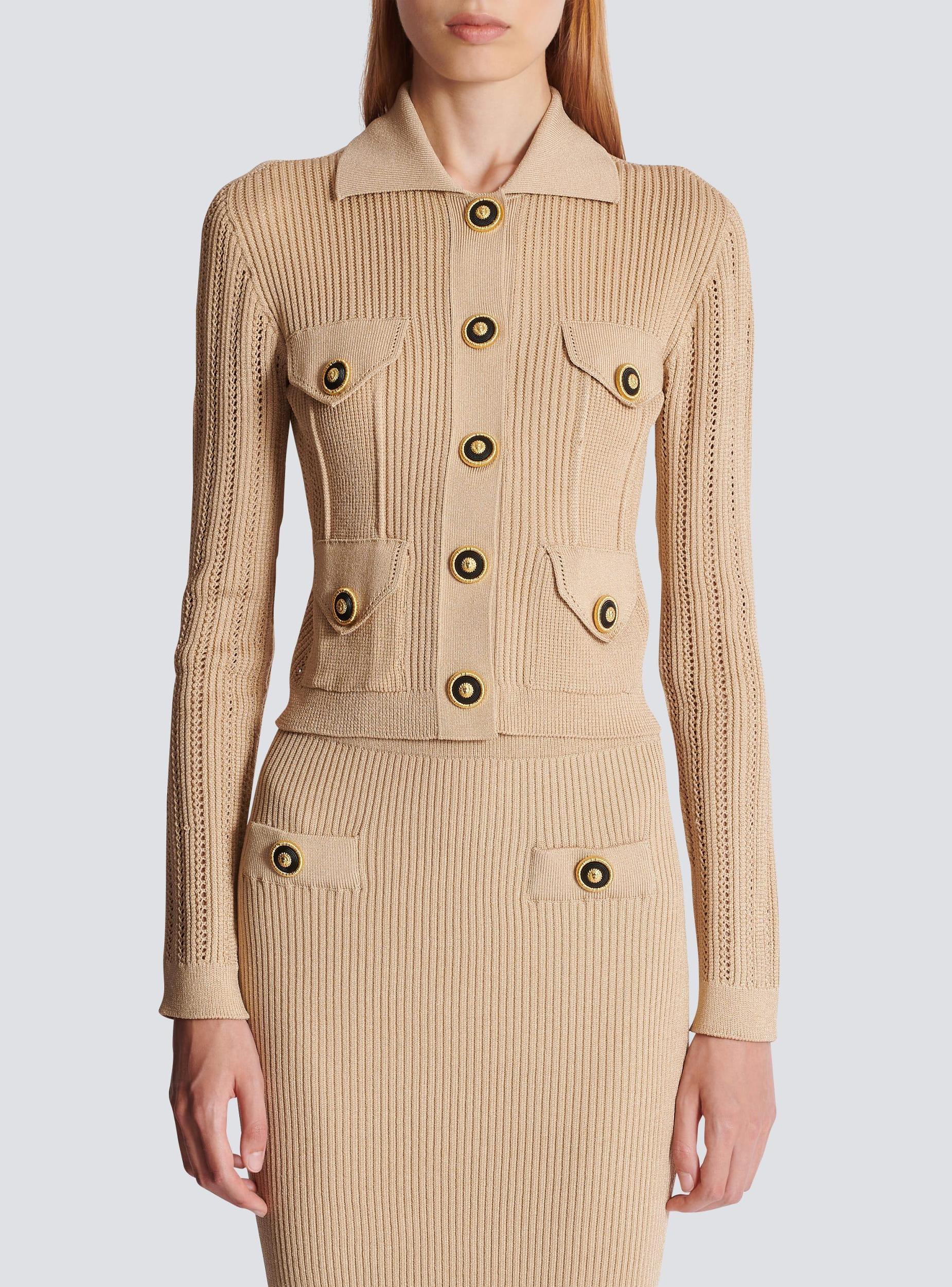 Cropped ribbed knit cardigan with openwork details Product Image