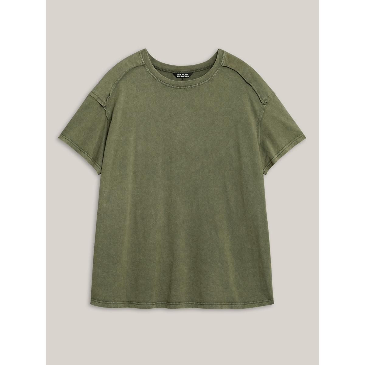 Plus Size Cotton Vintage Frayed Hem Crew Neck T-Shirt ArmyGreen Women Tucked seam Round Neck Everyday-Casual T-shirts BloomChic 18-20/2X Product Image