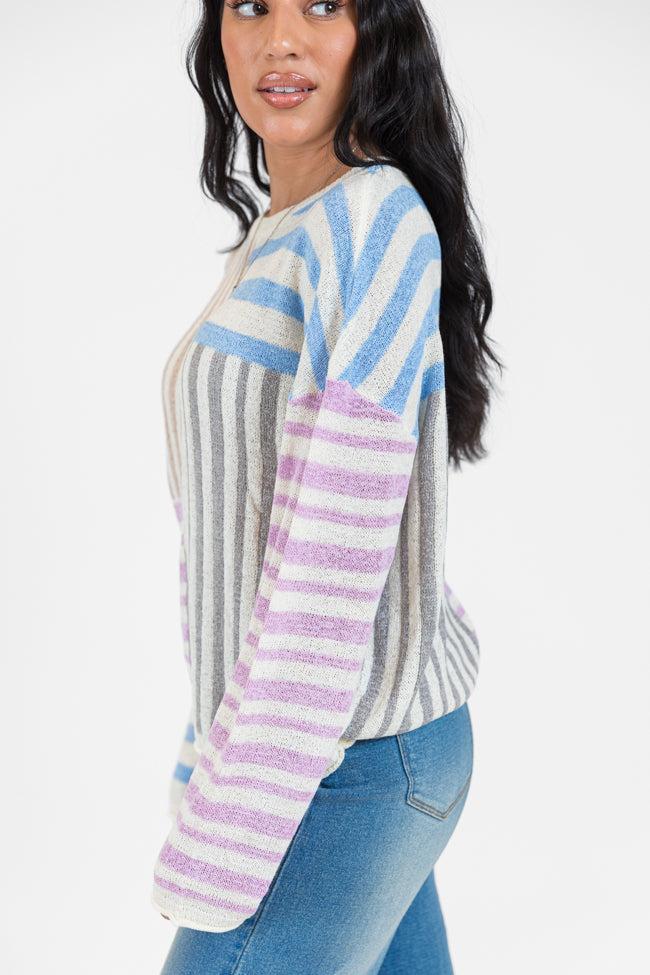 He Loves Me Taupe Multi Stripe Lightweight Sweater Product Image