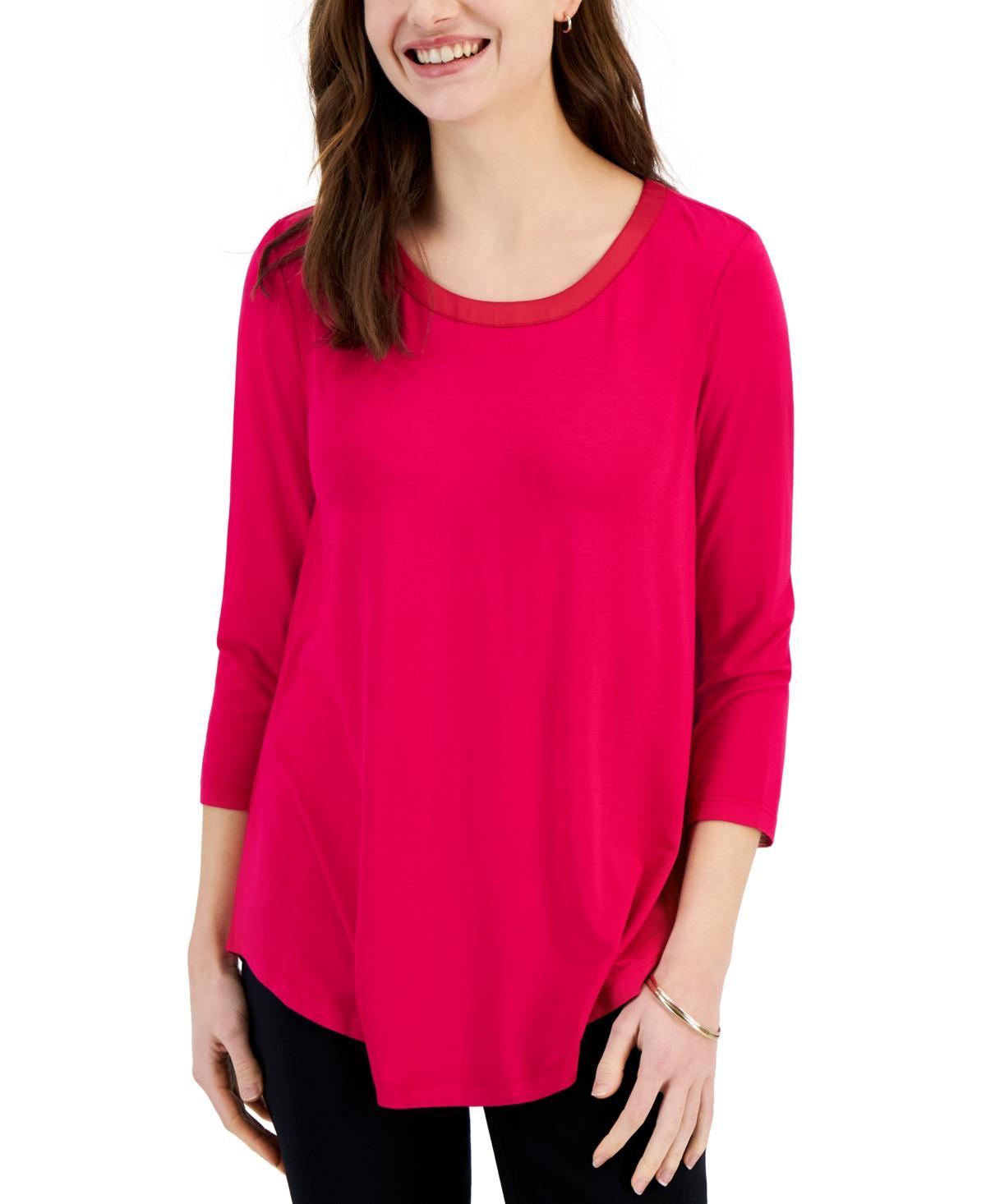 Jm Collection Petite Satin-Trim 3/4-Sleeve Top, Created for Macys Product Image