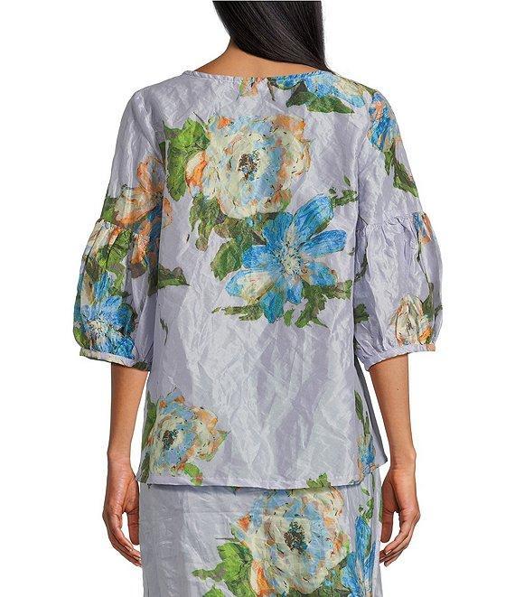 Bryn Walker Memory Crunch Taffeta Printed Round Neck 3/4 Sleeve Lantern Shirt Product Image