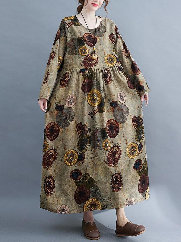 Artistic Retro Loose Long Sleeves Printed Round-Neck Maxi Dresses Product Image