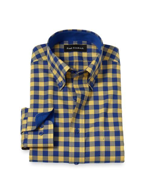 Non-Iron Cotton Gingham Dress Shirt With Contrast Trim - Blue/yellow Product Image