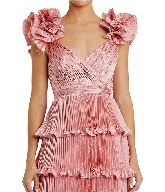 Mac Duggal Satin Sweetheart Neck Ruffle Cap Sleeve Tiered Pleated Fit and Flare Gown Product Image
