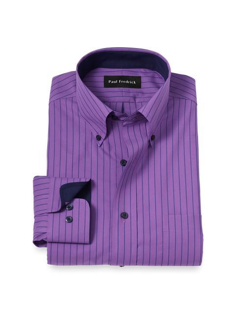 Non-Iron Cotton Stripe Dress Shirt With Contrast Trim - Purple Product Image
