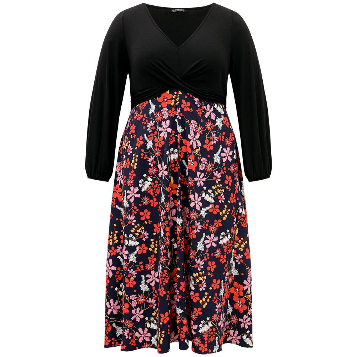 Plus Size Floral Patchwork Crossover Pocket Dress Black Women Elegant Elastic cuffs V-neck Long Sleeve Curvy Midi Dress BloomChic 14-16/1X Product Image