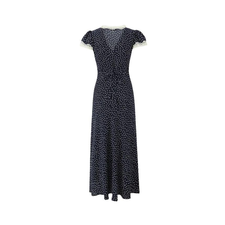 Short-Sleeve V-Neck Lace Trim Dotted Maxi A-Line Dress Product Image