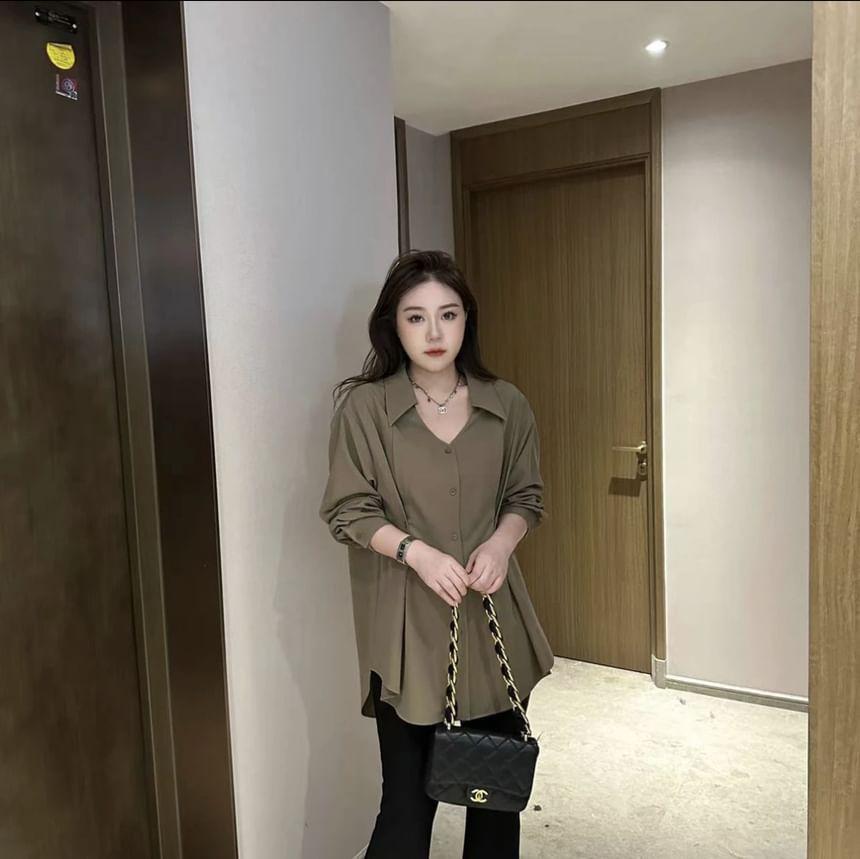 Long Sleeve V-Neck Collared Plain Shirt Product Image