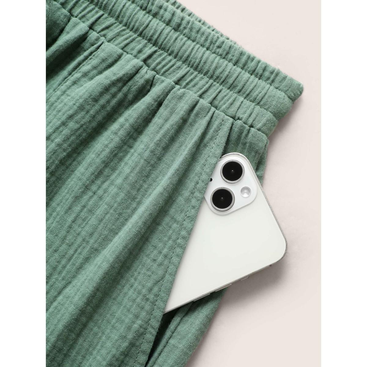 Plus Size Plain Textured Drawstring Wide Leg Pants Women Emerald Casual Wide Leg Mid Rise Everyday Pants BloomChic 22-24/3X Product Image