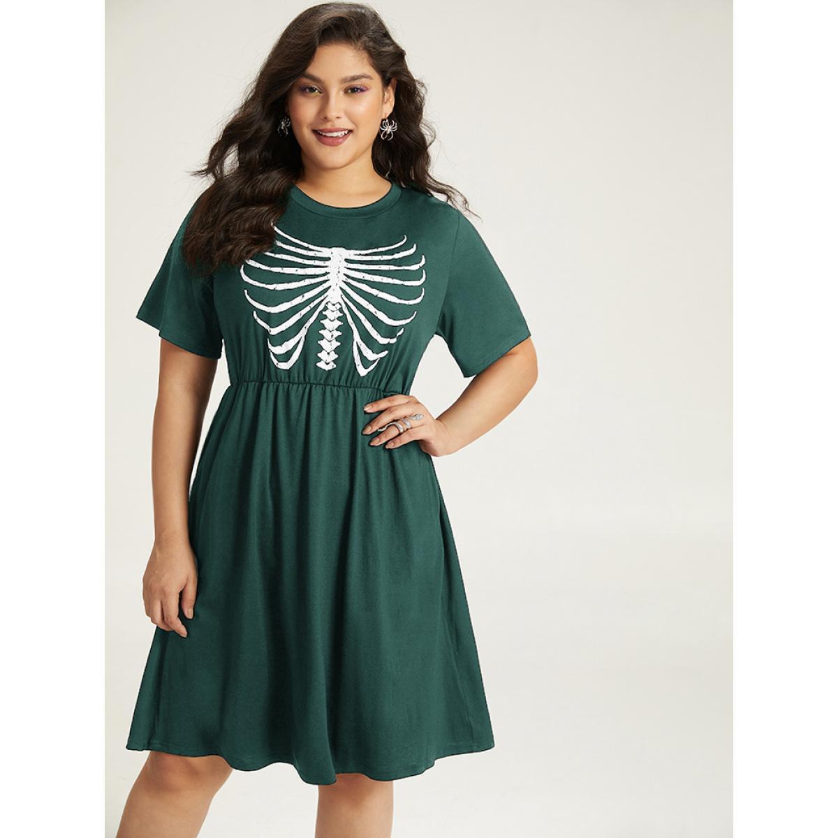 Plus Size Halloween Skull Print Pocket Elastic Waist Dress DarkGreen Women Casual Gathered Curvy Midi Dress BloomChic 22-24/3X Product Image