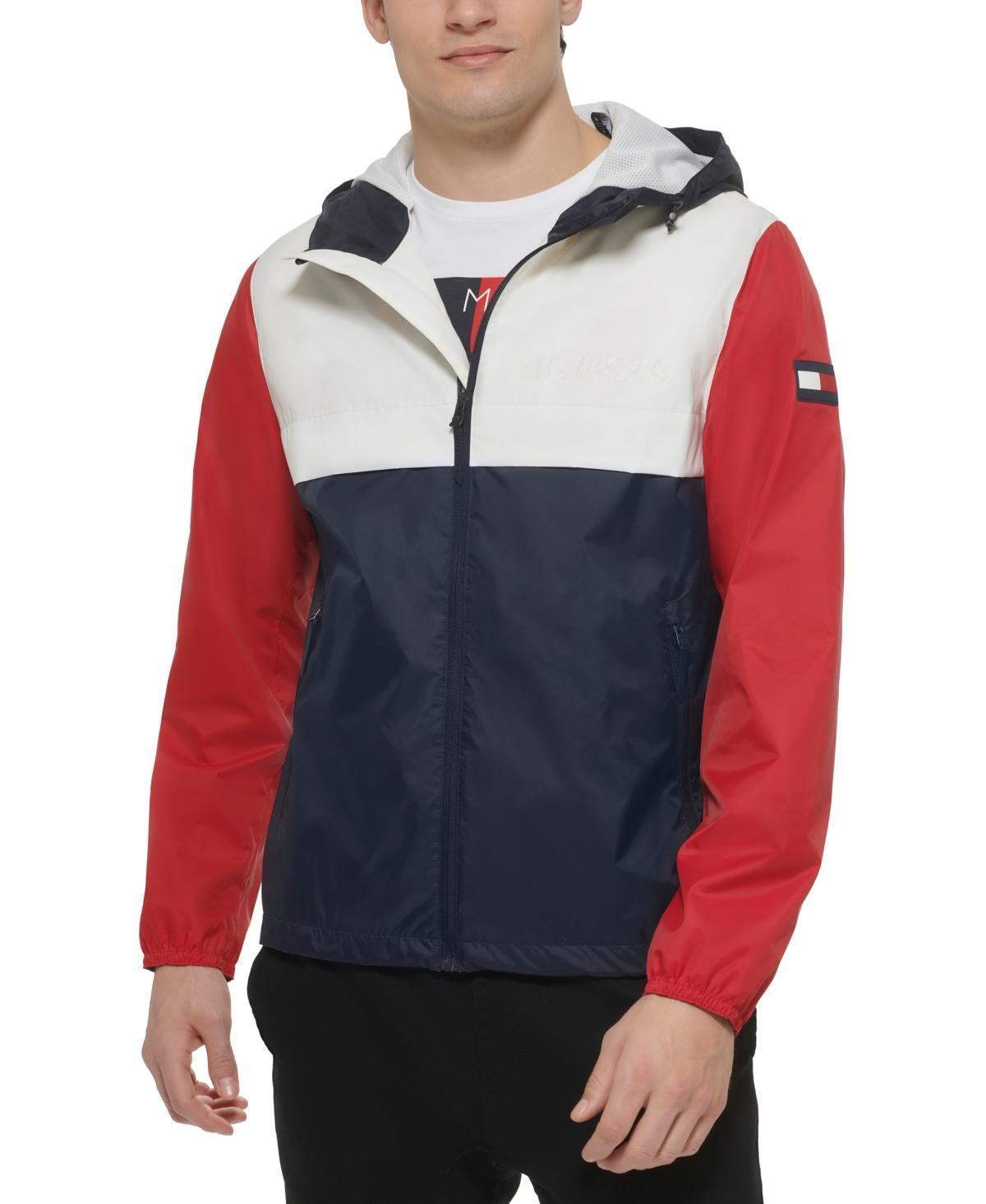 Men's Tommy Hilfiger Logo Patch Hooded Rain Jacket, Size: Medium, Blue Stripe Product Image