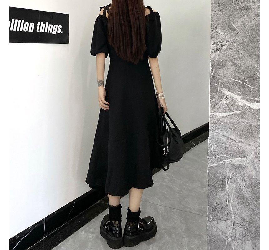 Short-Sleeve Cold-Shoulder Plain Asymmetrical Slit Midi A-Line Dress Product Image