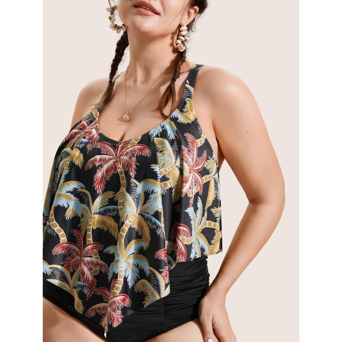 Plus Size Tropical Coconut Tree Print Ruffle Trim Swim Top Women's Swimwear Black Beach Asymmetrical High stretch Bodycon U-neck Curve Swim Tops BloomChic 26/4X Product Image