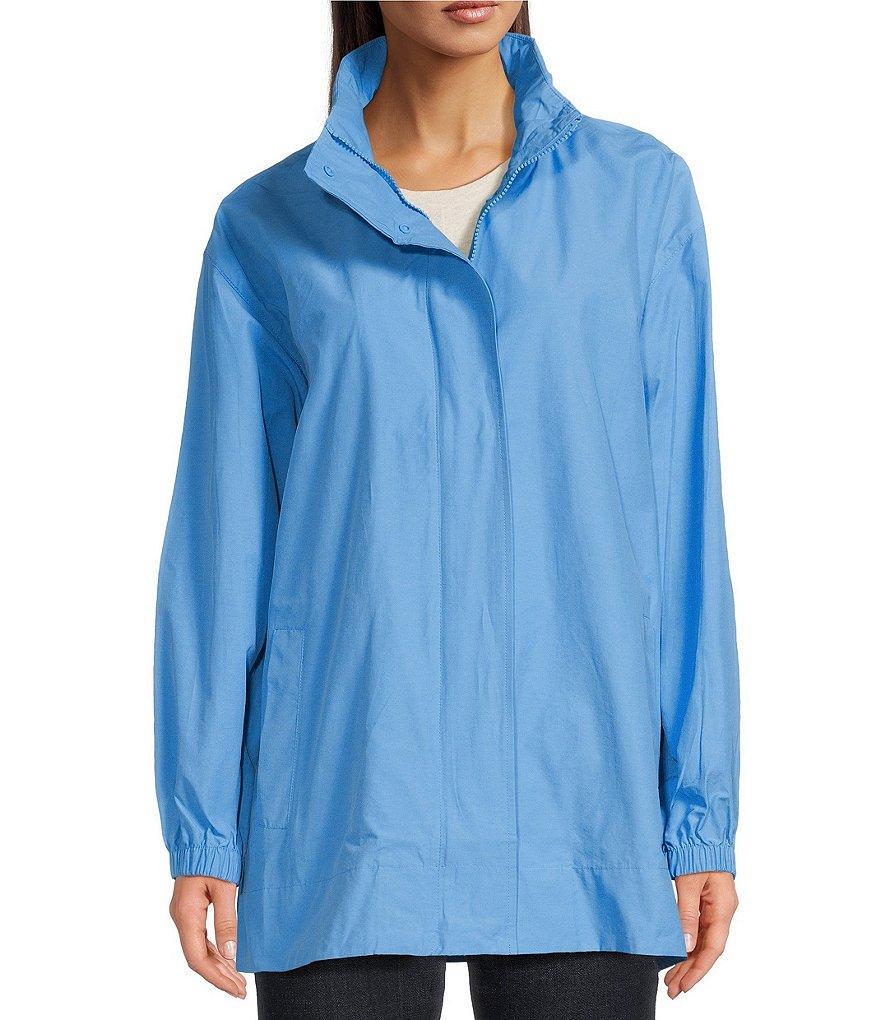 Eileen Fisher Light Weight Cotton Nylon Stand Collar With Hidden Hood Long Sleeve Coat Product Image