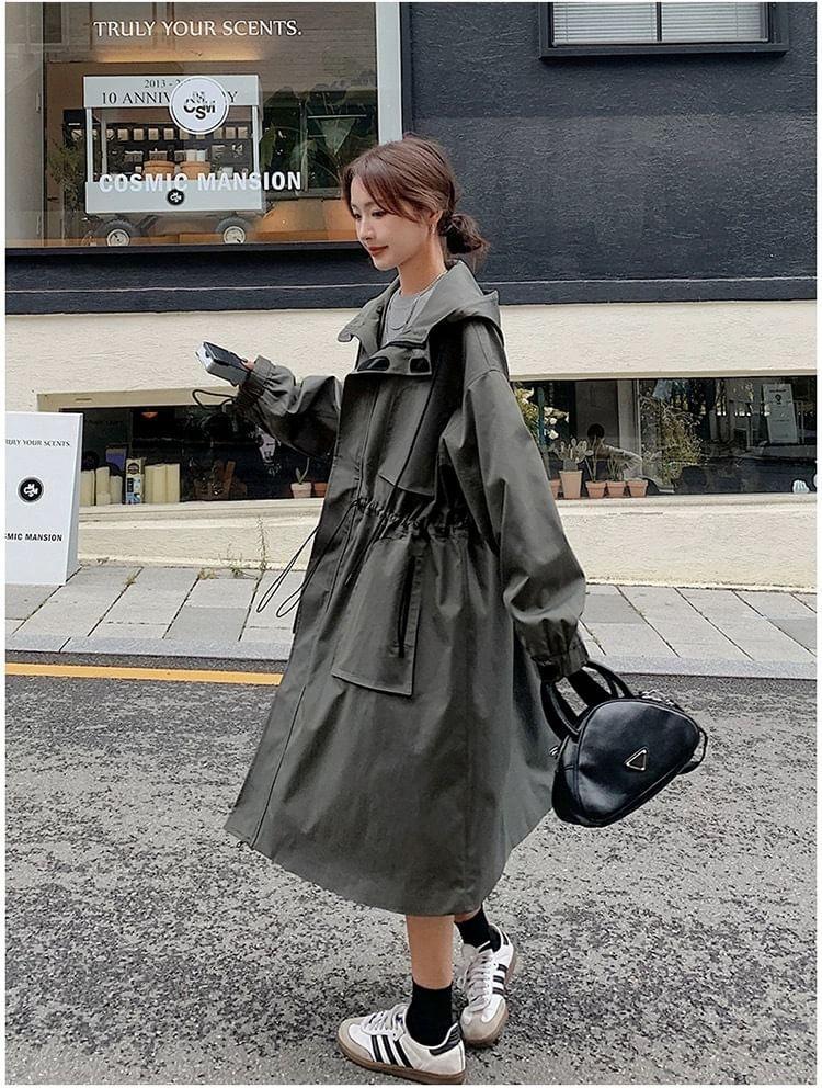 Zip-Up Hooded Plain Long Trench Coat Product Image