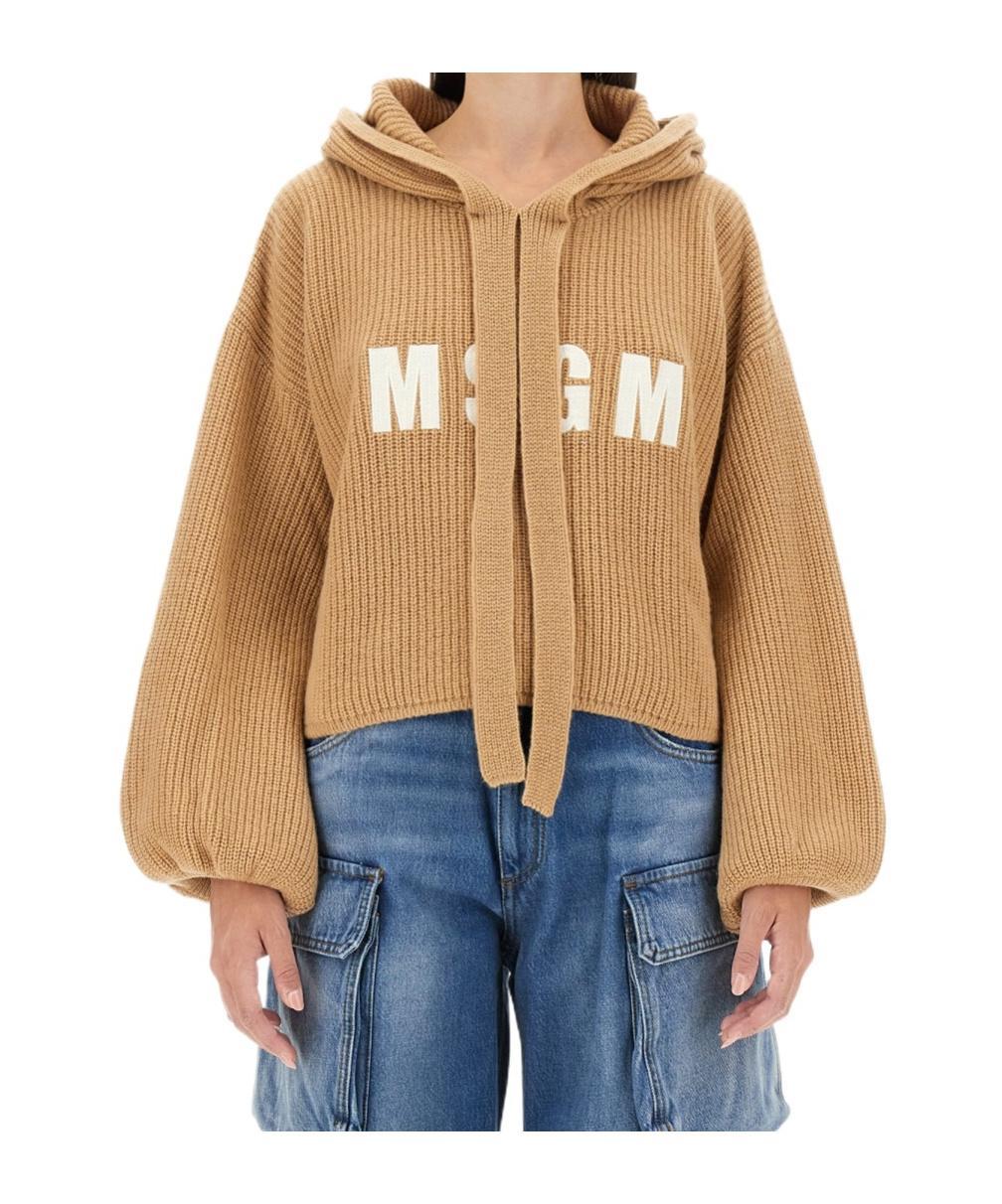 MSGM Logo-embroidered Hooded Jumper In Beige Product Image