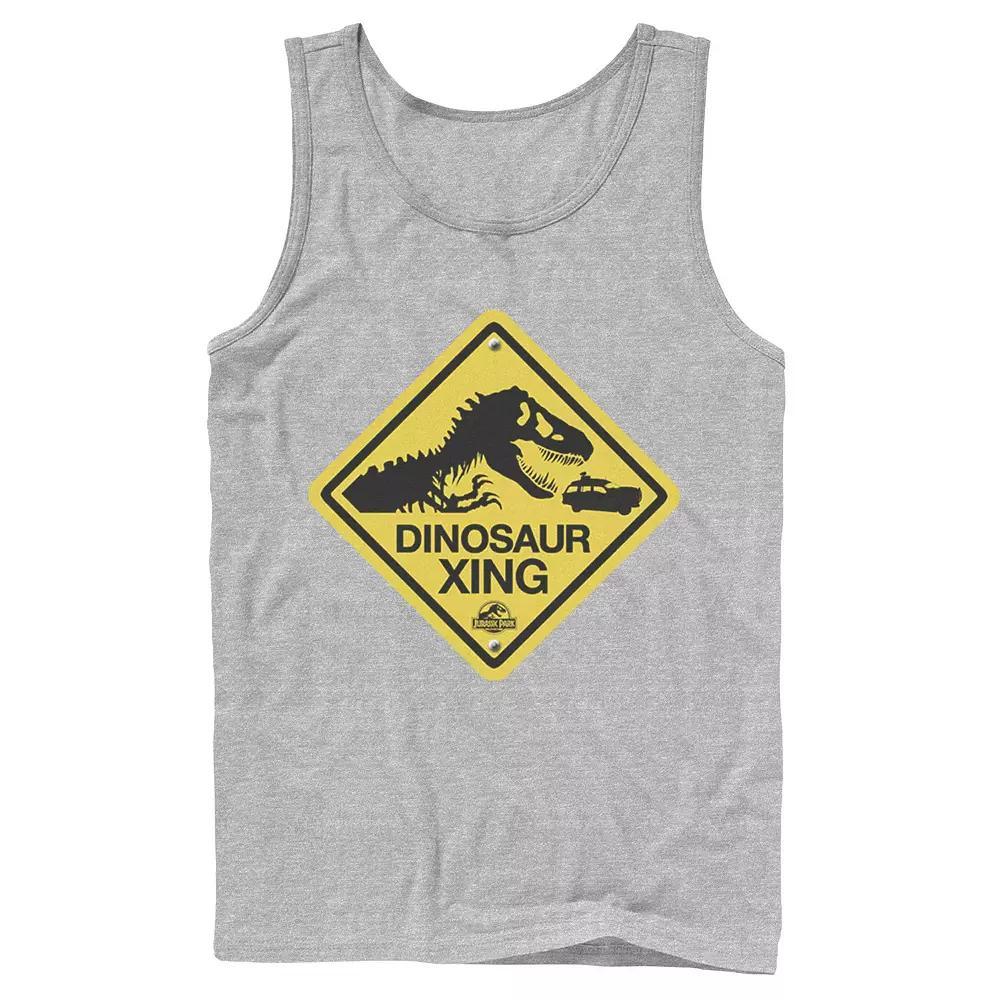 Men's Jurassic Park Dinosaur Crossing Yellow Sign Tank Top, Size: Small, Grey Product Image