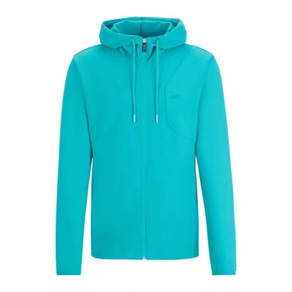 HUGO BOSS Cotton-blend Zip-up Hoodie With Hd Logo Print In Blue Product Image