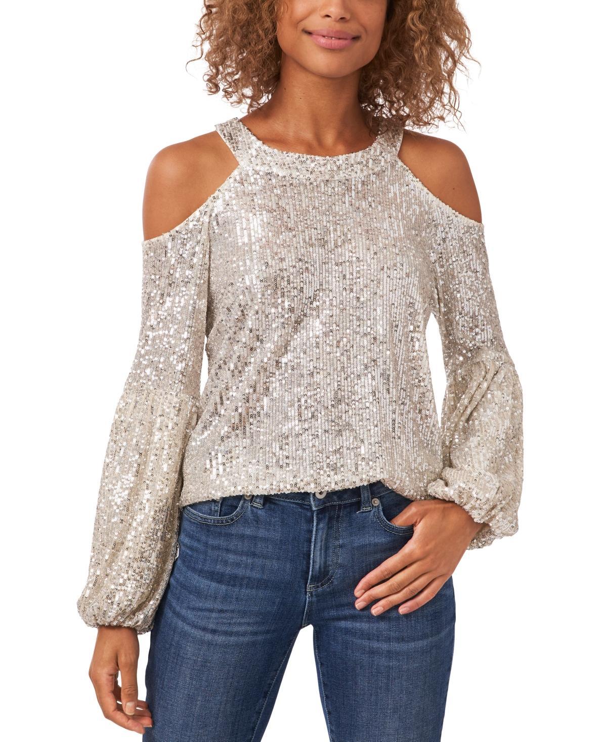 CeCe Womens Sequined Long Sleeve Cold-Shoulder Blouse Product Image