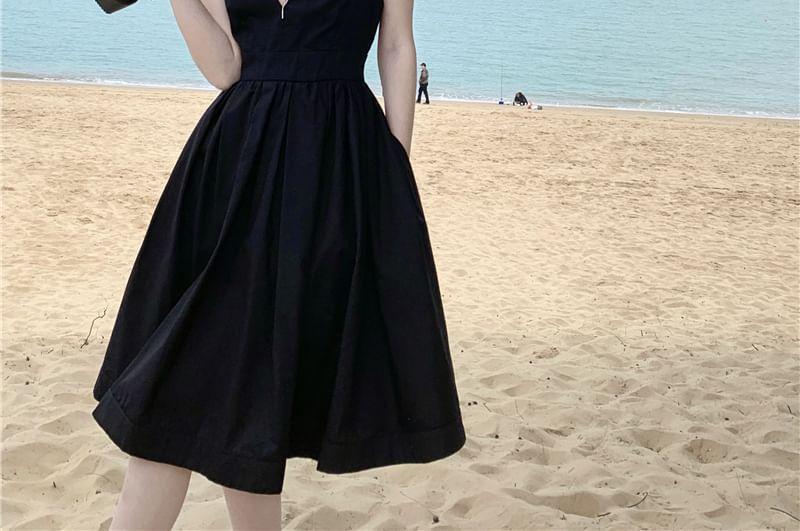 Sleeveless V-Neck Plain Open Back A-Line Dress Product Image