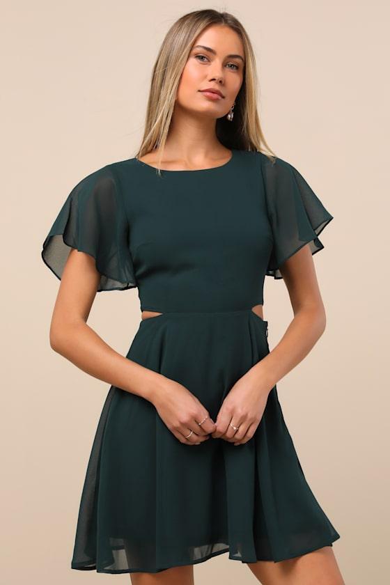 Blissful Love Dark Green Cutout Mini Skater Dress Product Image