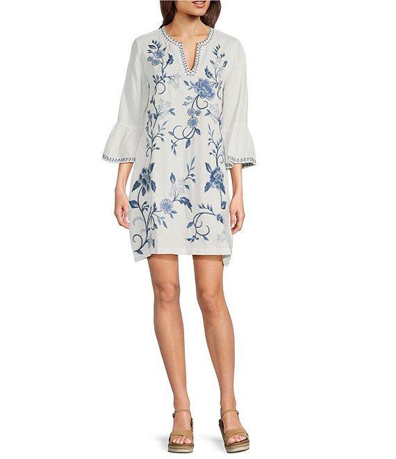 JOHNNY WAS Embroidered Linen Split V-Neck 3/4 Ruffle Sleeve Dress Product Image