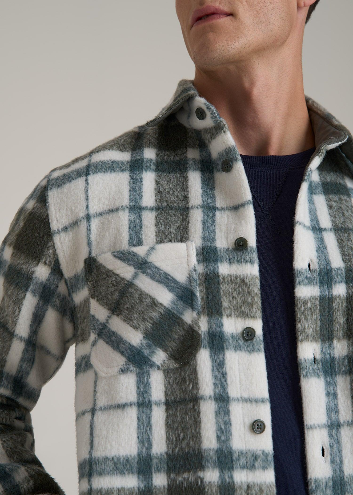 Brushed Flannel Overshirt for Tall Men in Ecru and Green Plaid Product Image