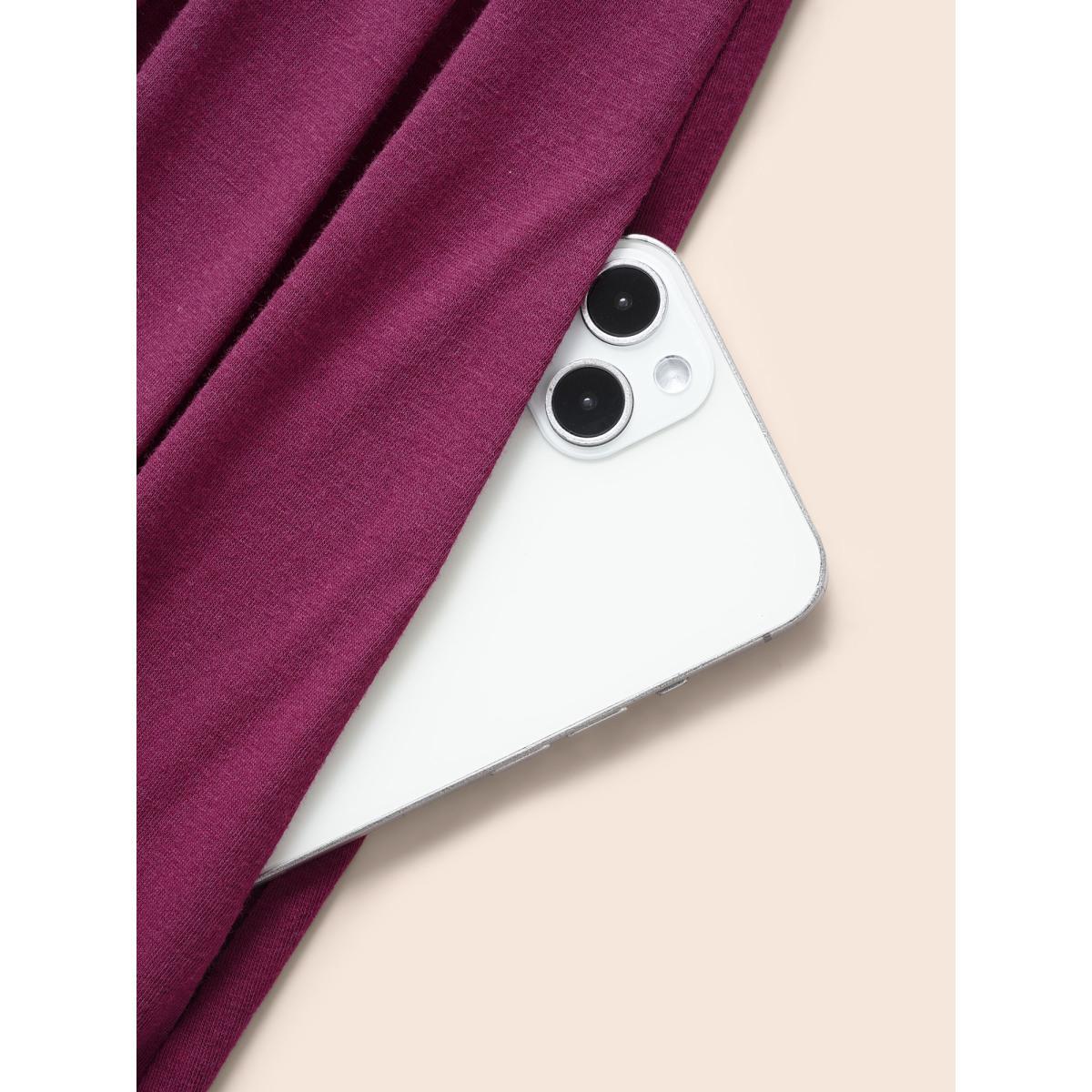 Plus Size Supersoft Essentials Solid Pleated Round Neck Midi Dress Burgundy Women Casual Plain Round Neck Short sleeve Curvy Midi Dress BloomChic 14-16/1X Product Image