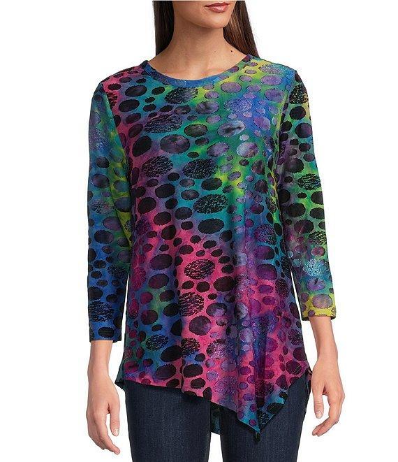 Calessa Tie-Dye Burnout Crew Neck 3/4 Sleeve Asymmetrical Top Product Image