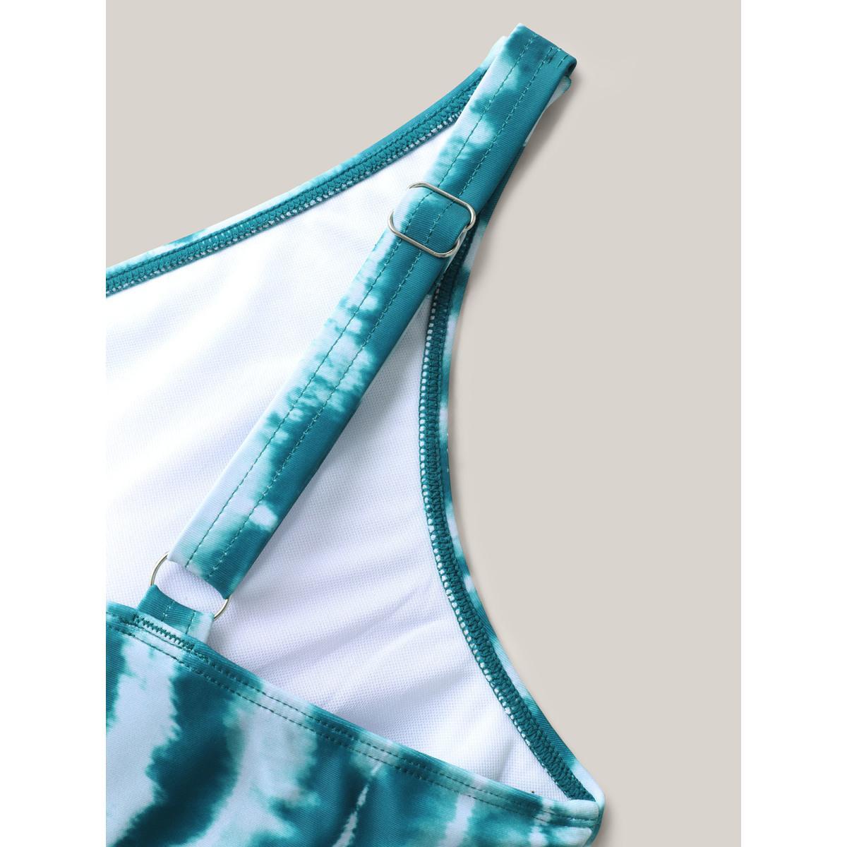 Plus Size Tie-Dye Mesh Overlap Swim Dress Women's Swimwear Teal Beach Bodycon Overlap Collar High stretch Curve Swim Dresses BloomChic 28/5X Product Image