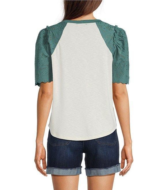 Democracy Petite Size Mix-Media Scoop Neck Embroidered Elbow Puff Sleeve Top Product Image