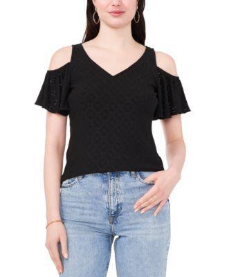 Sam & Jess Womens Cold-Shoulder Eyelet V-Neck Knit Top Product Image