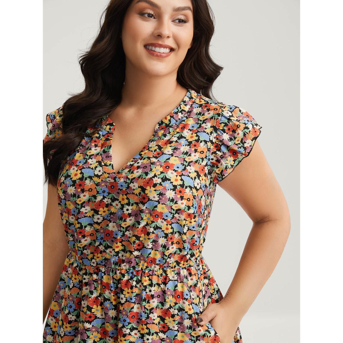 Plus Size Rayon Colorful Floral Print Tiered Pockets Midi Dress Multicolor Women Notched collar Cap Sleeve Curvy BloomChic 22-24/3X Product Image