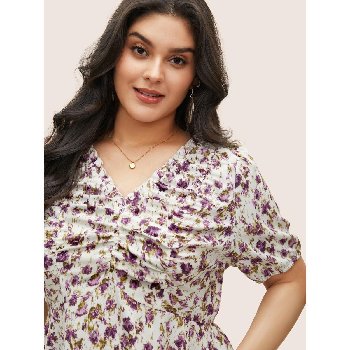 Plus Size Mauve Pixel Flower Ruched Ruffle Trim Blouse Women Elegant Short sleeve V-neck Everyday Blouses BloomChic 28/5X Product Image